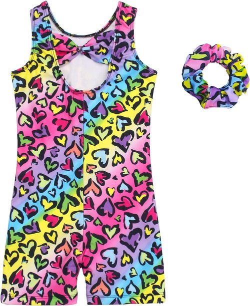JESKIDS Girls' Gymnastics Leotards with Shorts - Stylish Biketards & Matching Hair Scrunchie | Ages 3-15