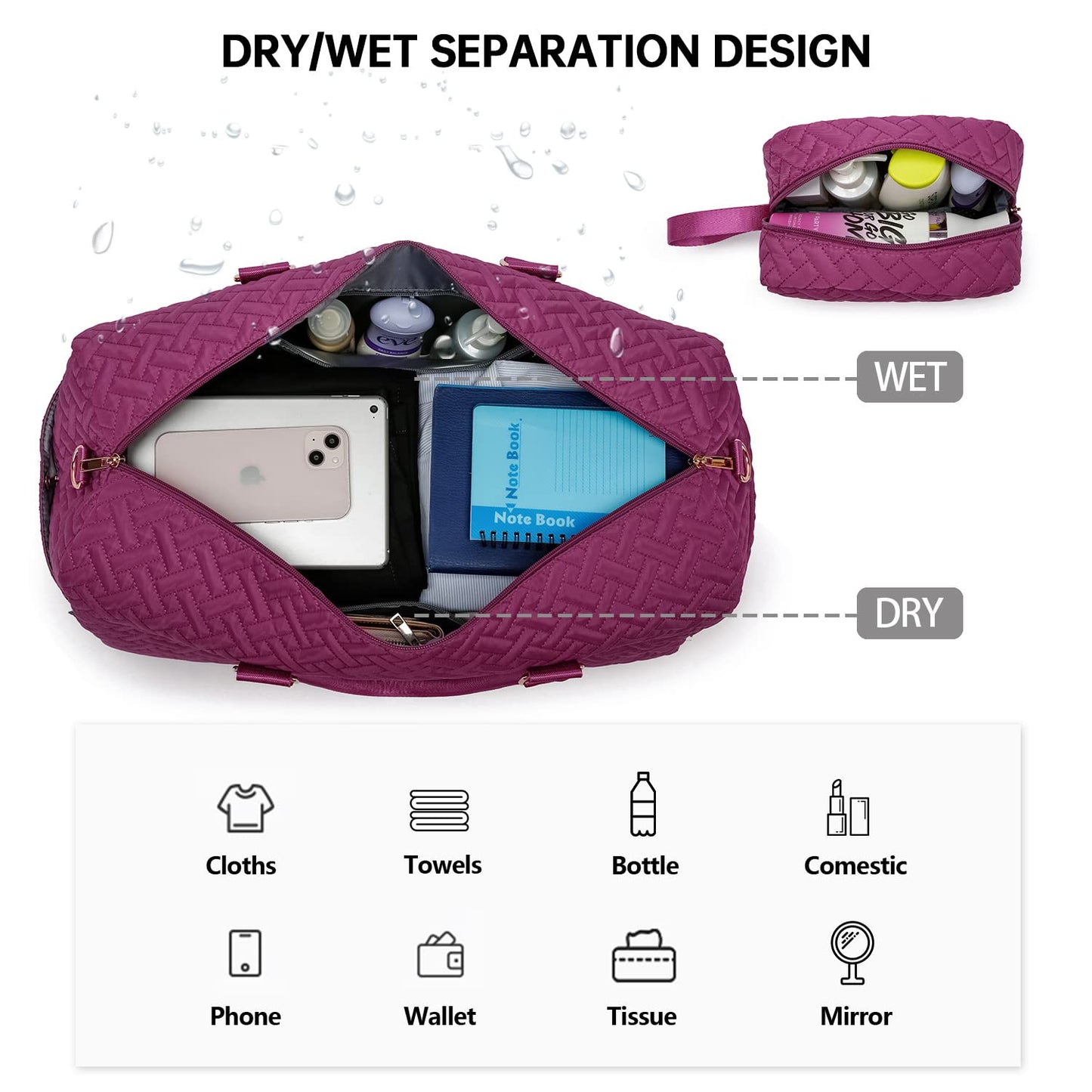 Duffle Bag for Travel, Weekender Bag with Shoe Compartment, Carry On Overnight Bag for Women with Toiletry Bag, Gym Bag with Wet Pocket, Hospital Bags for Labor and Delivery Purplish Red