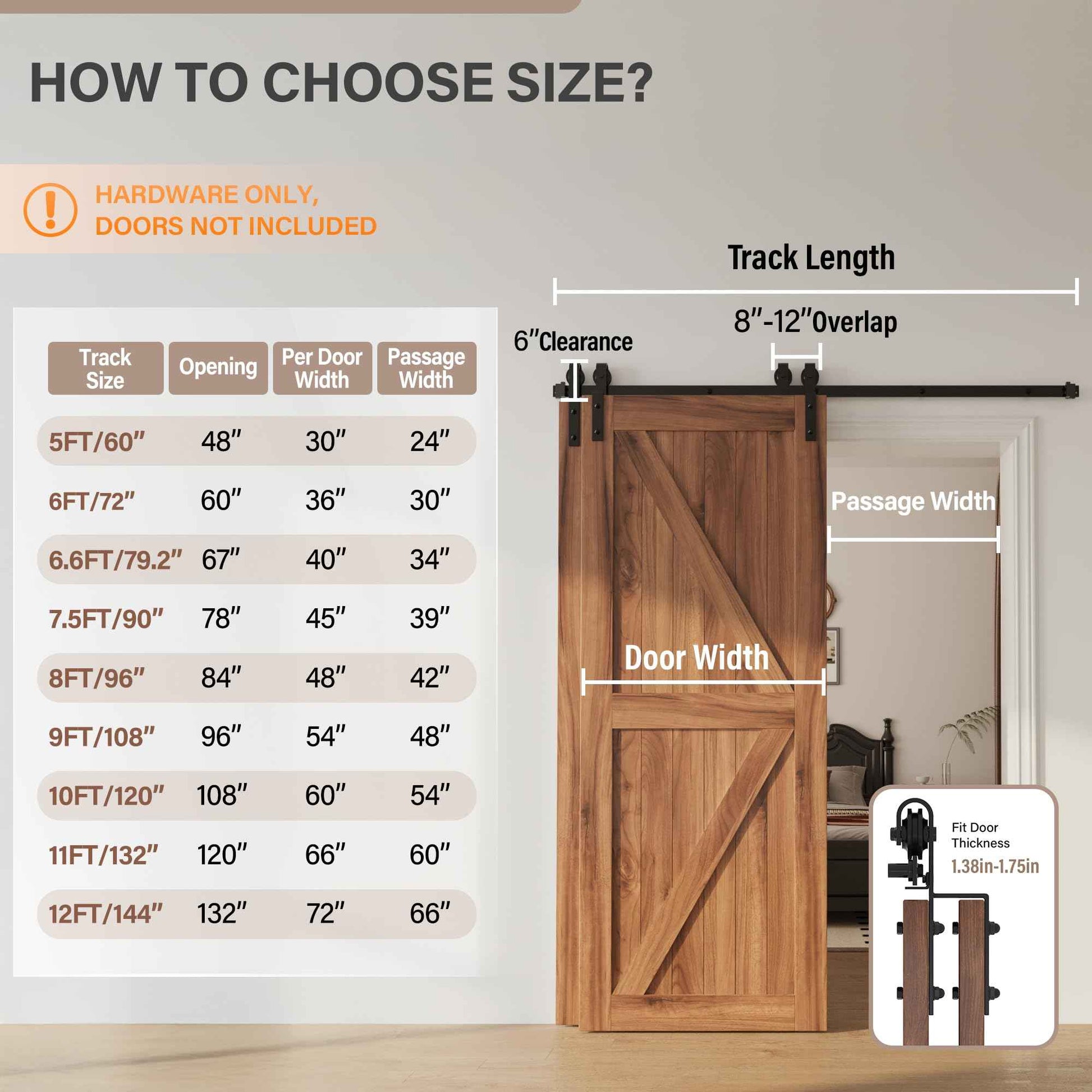 WINSOON 5FT Single Track Bypass Barn Door Hardware Double Doors Kit, Heavy Duty Sliding One Track Antique Roller for Cabinet Closet Fit Double 35" Wide Door