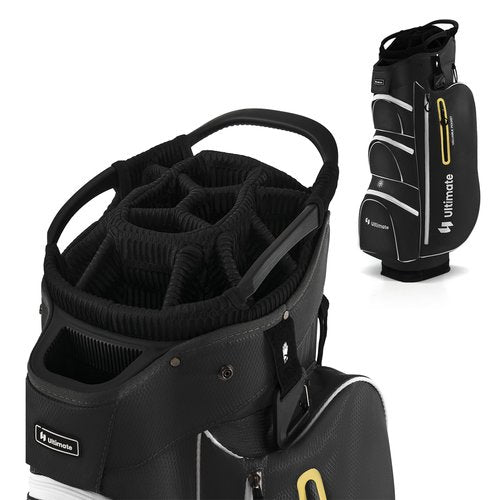 GYMAX Golf Cart Bag, 15-Way Divider with 7 Pockets, Rain Hood, Umbrella Holder & Gloves Stickers, Unisex Adults Golf Clubs Bag (Black)