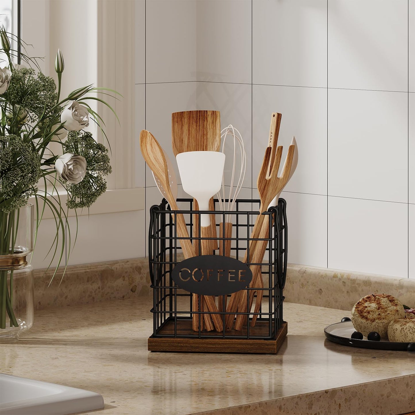 YINMIT K Cup Holder Organizer, Rustic Coffee Pod Holder Organizer, 35 Kcup Holder for Counter with Handle，Large Capacity Black Wire Coffee Capsule Basket for Kitchen Office Desktop (Square Grid)