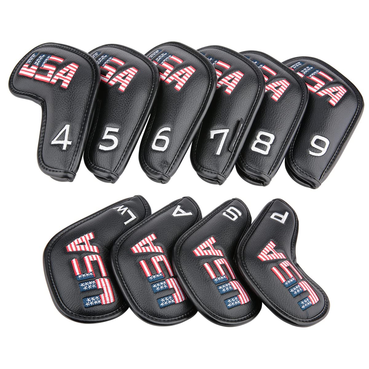 Golf Builder 10pcs/Set Black Leather USA Golf Club Iron Head Covers 4-9,P,S,A,Lw Fit All Brands