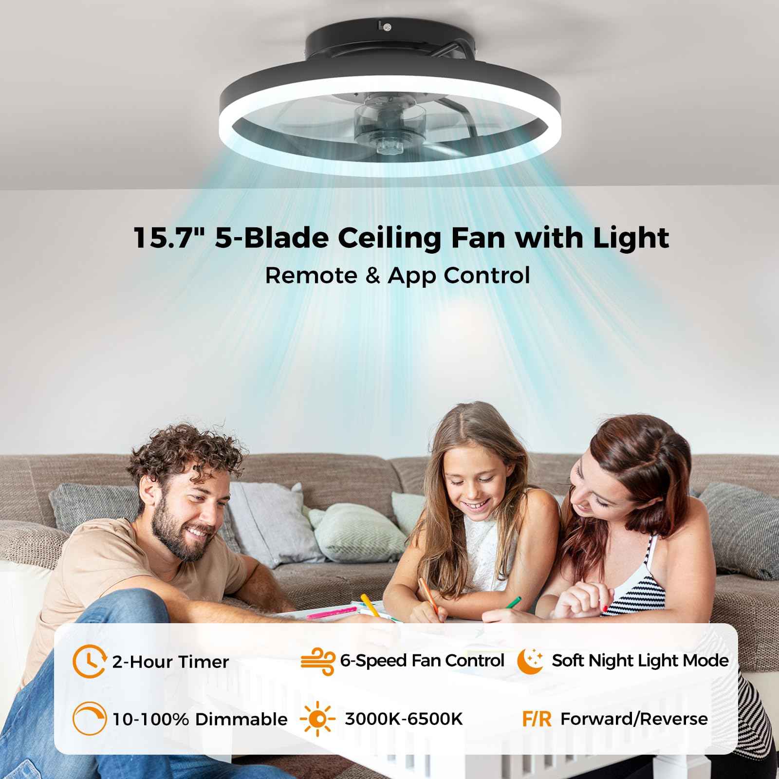 Aphyni Ceiling Fans with Lights and Remote, 15.7" Black Low Profile Ceiling Fan, Modern Flush Mount LED Fan Light, 6 Wind Speeds Fandelier Ceiling Fan with Light for Bedroom, 3000-6500K Dimmable