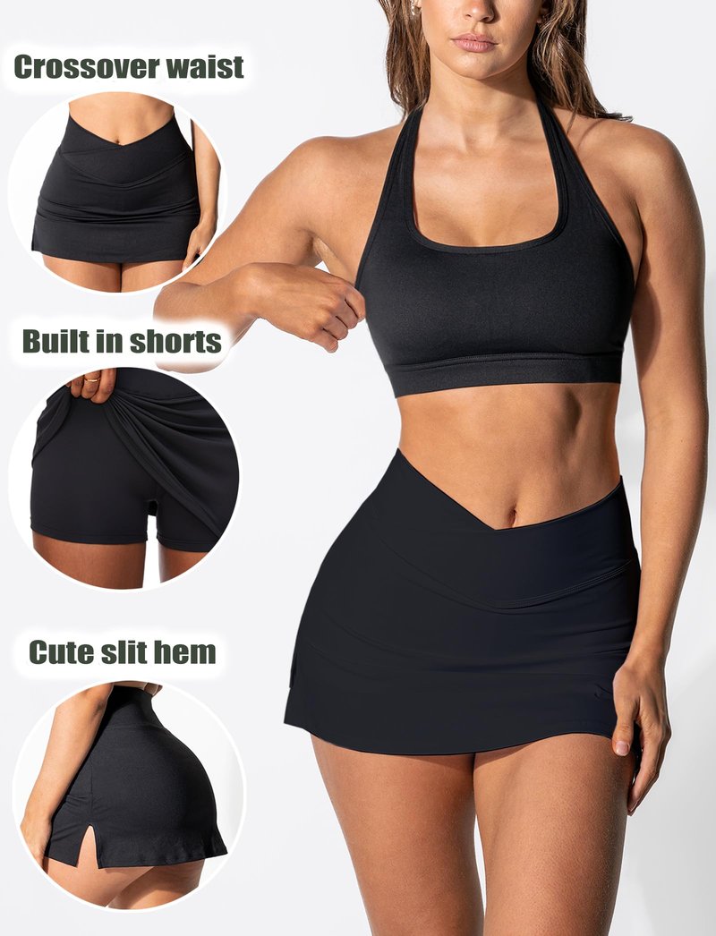 OZICERD High Waisted Golf Skort Tennis Skirt for Women Bodycon Mini Skirt Short Pickleball Athletic Skirt with Shorts Black Petite XXS