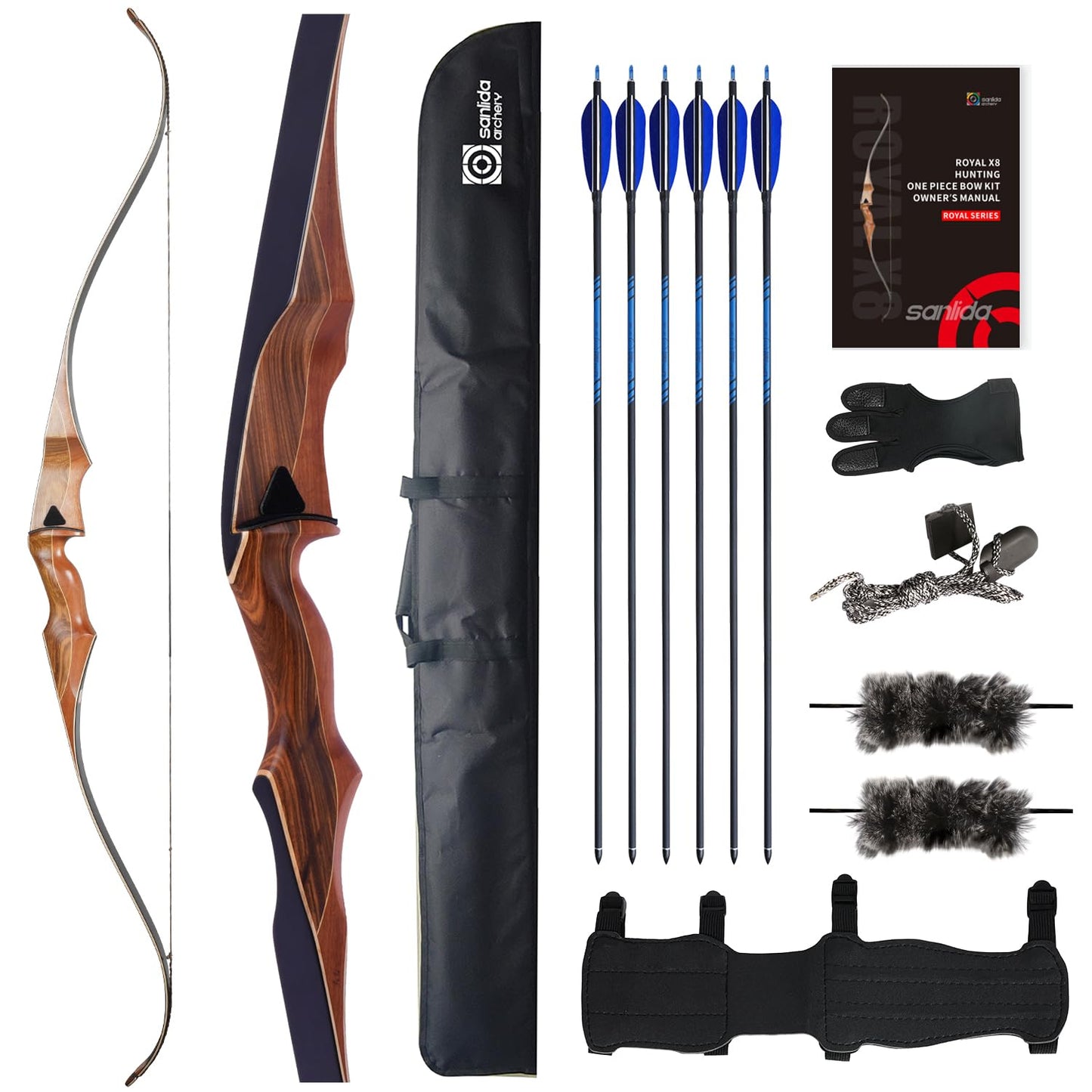 Sanlida Archery 60" Royal X8 One-Piece Bow Traditional Wooden Hunting Bow Handmade Hunting Bow and Arrows Kit for Adults & Traditional Archers, RH Only (50lbs, Dark Wood)