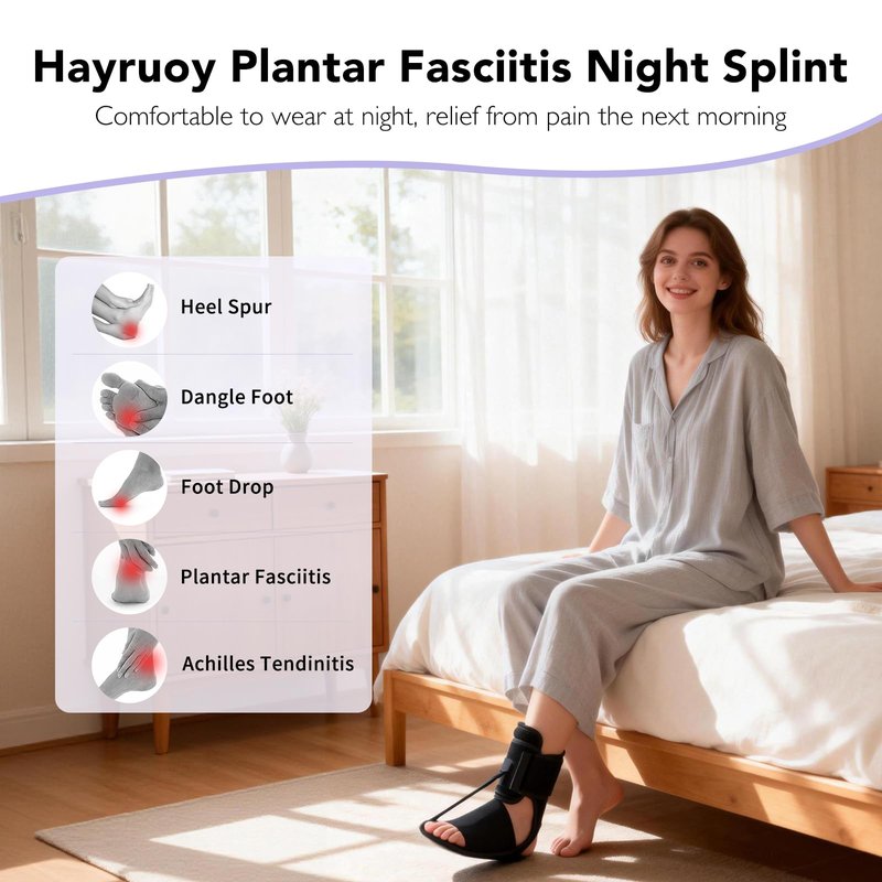Upgraded Plantar Fasciitis Night Splint with Massage Ball for Foot Pain Relief Causing by Plantar Fasciitis, Achilles Tendonitis, Heel Spur, Comfortable & Easy-to-use Brace for Men & Women, Black Medium