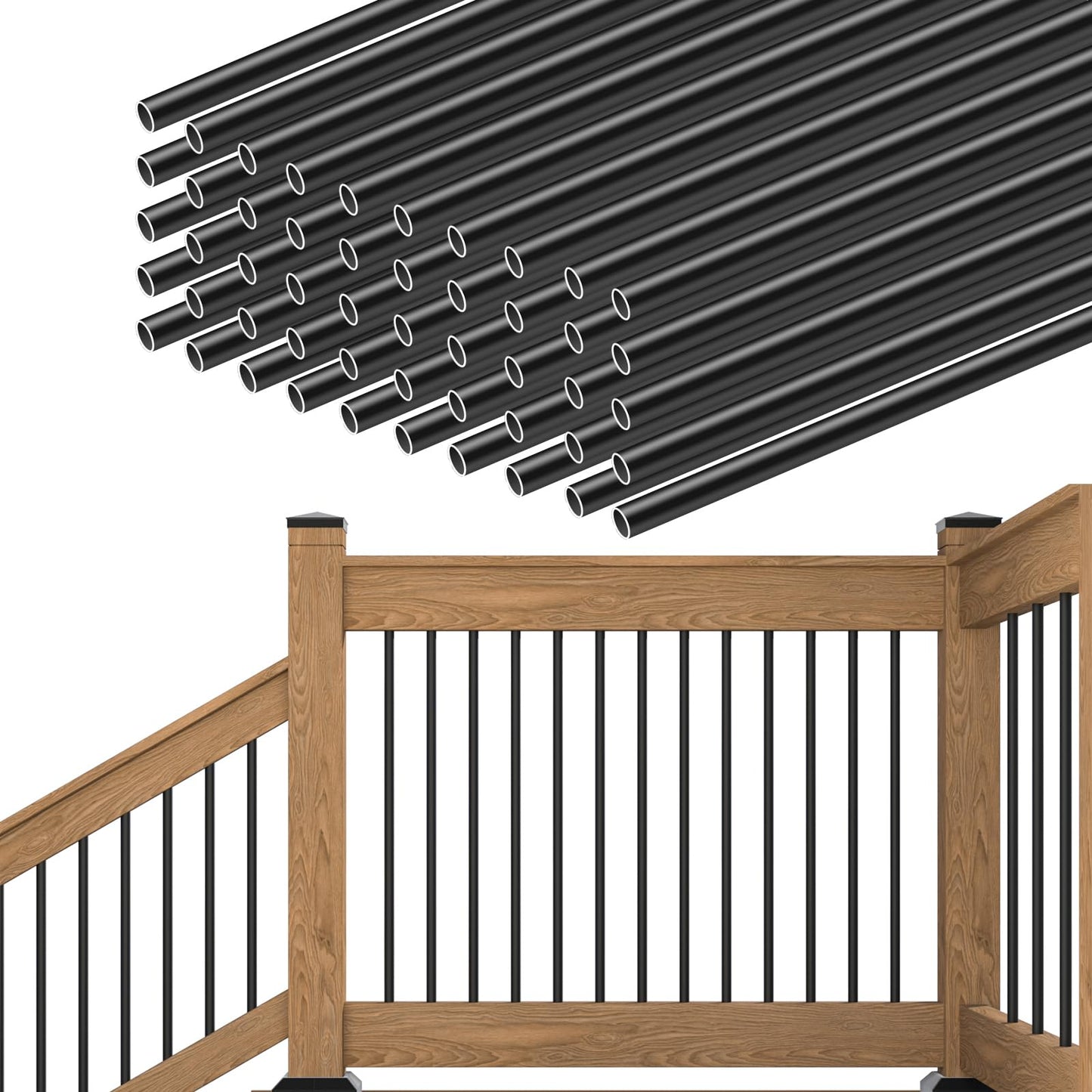 Muzata 50Pack 26" Aluminum Deck Balusters Round Black Deck Railing Stair Porch Staircase Spindles 3/4" Diameter Hollow for Railing Fencing Porch Stair WT02
