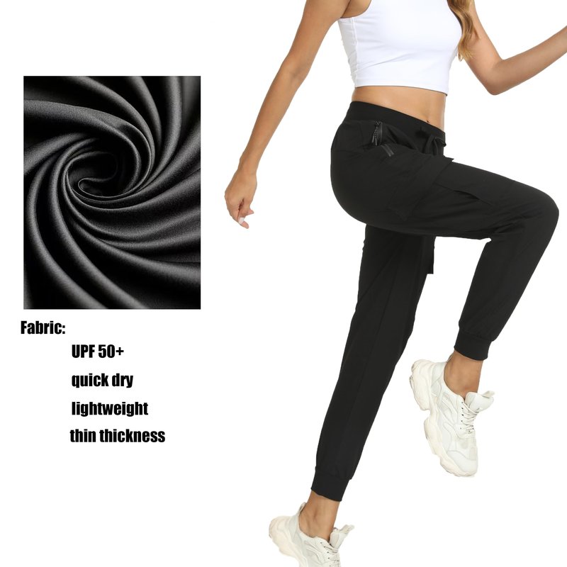 Women's Joggers with Pockets Lightweight - Water Resistant Quick Dry Cargo Athletic Pants for Hiking Running Camping Travel (Black, Large)