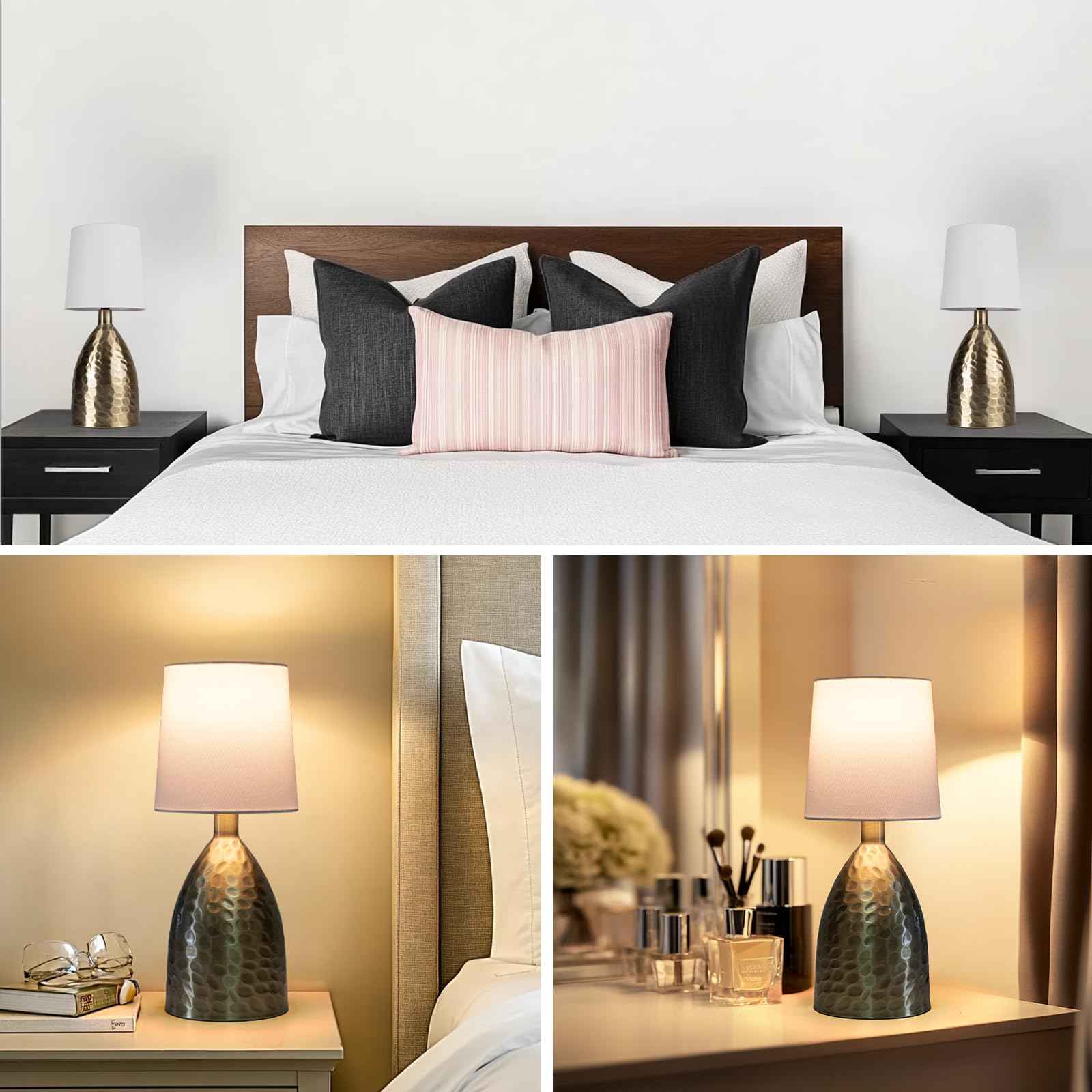 Touch Lamps for Nightstand, Gold Bedside Lamp Touch Control for Bedroom with Linen Shade, Mid Century Modern 13 inch Small Table Lamp for Living Room with E26 Bulb Included (Bronze 13" - 2 Pack)