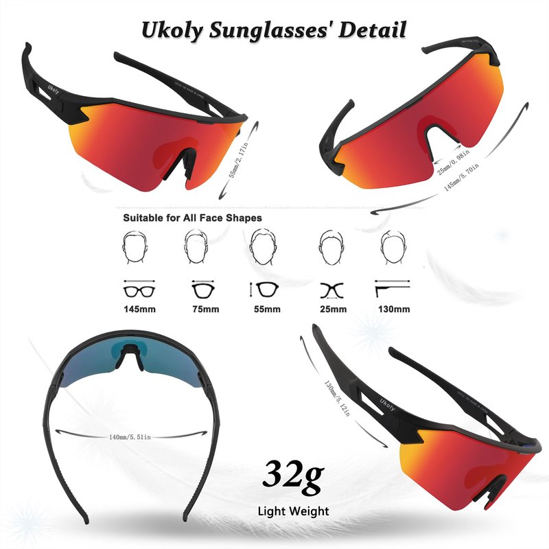 Ukoly Cycling Sunglasses for Youth Men Women, TR90 Polarized Sports Sunglasses,Outdoor Sport Baseball Glasses UV400 Cycling Eyewear (Red)
