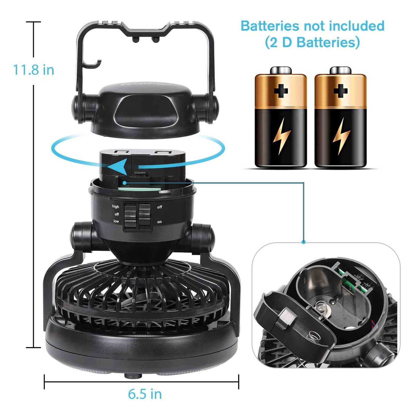 SZJUANWANG Portable Camping Light with Ceiling Fan, Tent LED Light Fan with Hanging Hook, 3 Speed Strong Airflow, Camping Lantern Fan, Cooling for Bed Camping Hiking Hurricane Emergency