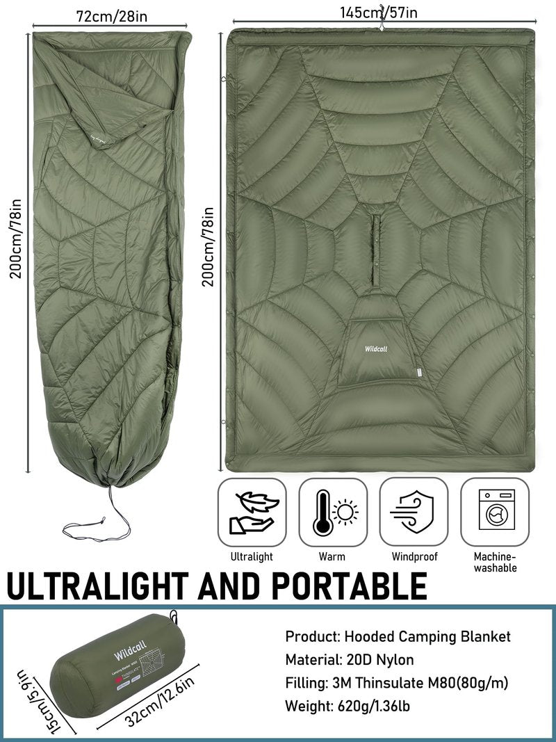 WildCall Hooded Camping Blanket with 3M Thinsulate Insulation Wearable Poncho Blanket Ultralight Foldable Quilt Sleeping Bag for Outdoor, Hiking, Stadium