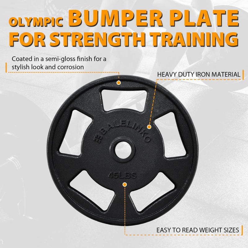 Balelinko Cast Iron 2-Inch Olympic Grip Plate Weight Plate for Strength Training, Weightlifting and Crossfit in Single, 45LB, Black