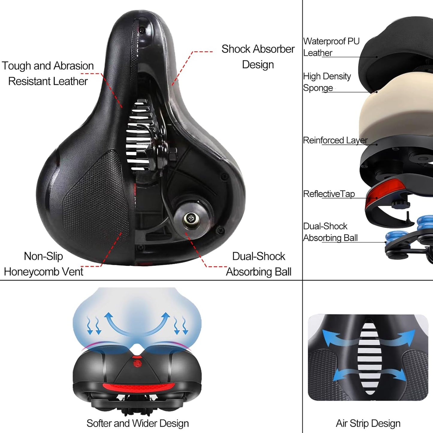 TOPCABIN Comfort Bike Saddle - Waterproof Wide Replacement Seat with Dual Shock Absorption & Memory Foam