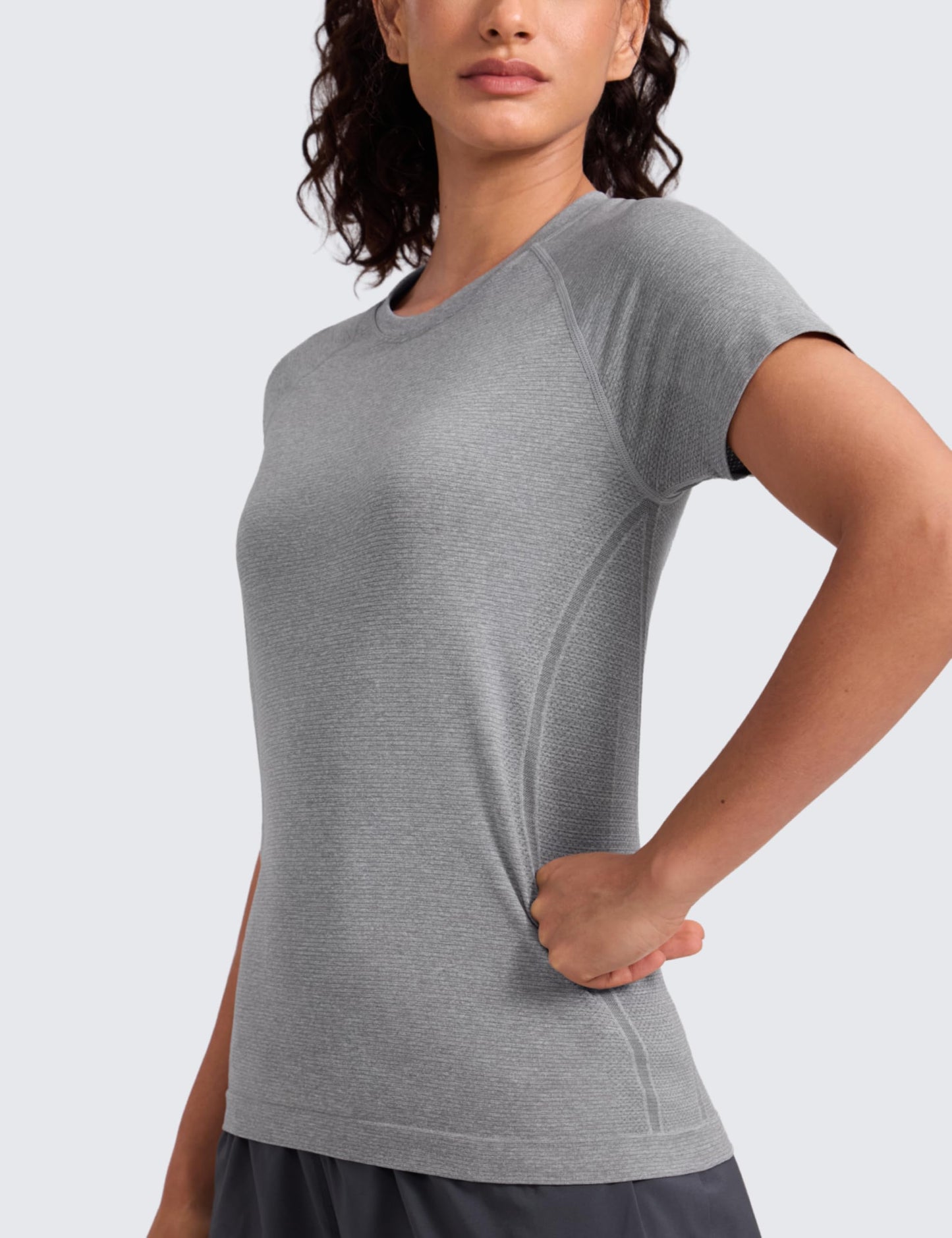 CRZ YOGA Seamless Workout Tops for Women Hip Length - Athletic Running Gym Yoga Short Sleeve Shirts Breathable Crewneck Tees Slate Grey Marl Medium