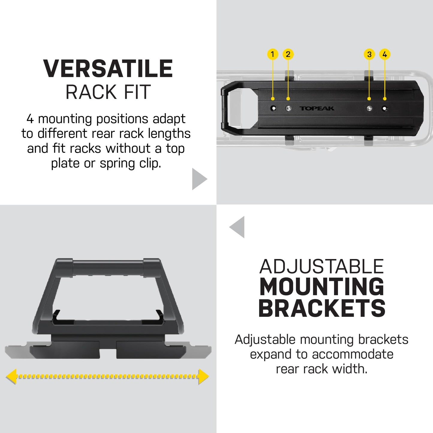Topeak Omni QuickTrack Adapter – Large, Rear Rack Adapter for Topeak MTX/RX TrunkBags & MTX Baskets (120–160 mm Rack Width) – Lightweight Polymer Platform for Standard & Racktime Racks
