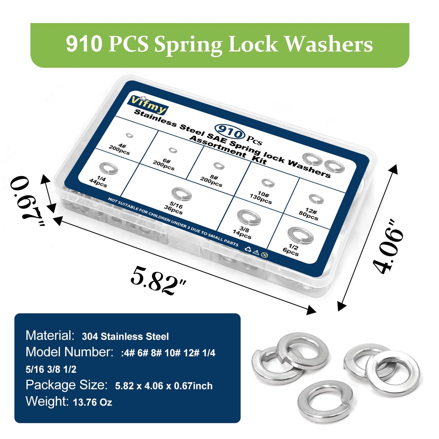 Vifmy SAE Spring Lock Washers Assortment Kit(910 Pack), #4#6#8#10#12 1/4" 5/16" 3/8" 1/2" SAE Split Lock Washer Set, 304 Stainless Steel Lock Washers for Screws Bolts