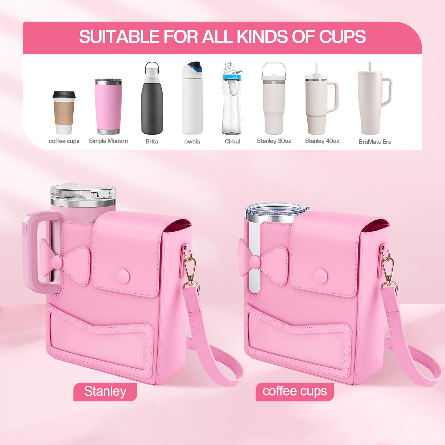 Crossbody Bag for Stanley Cup Purse, Outdoor Portable Water Bottle Holder with Adjustable Shoulder Strap (Pink)