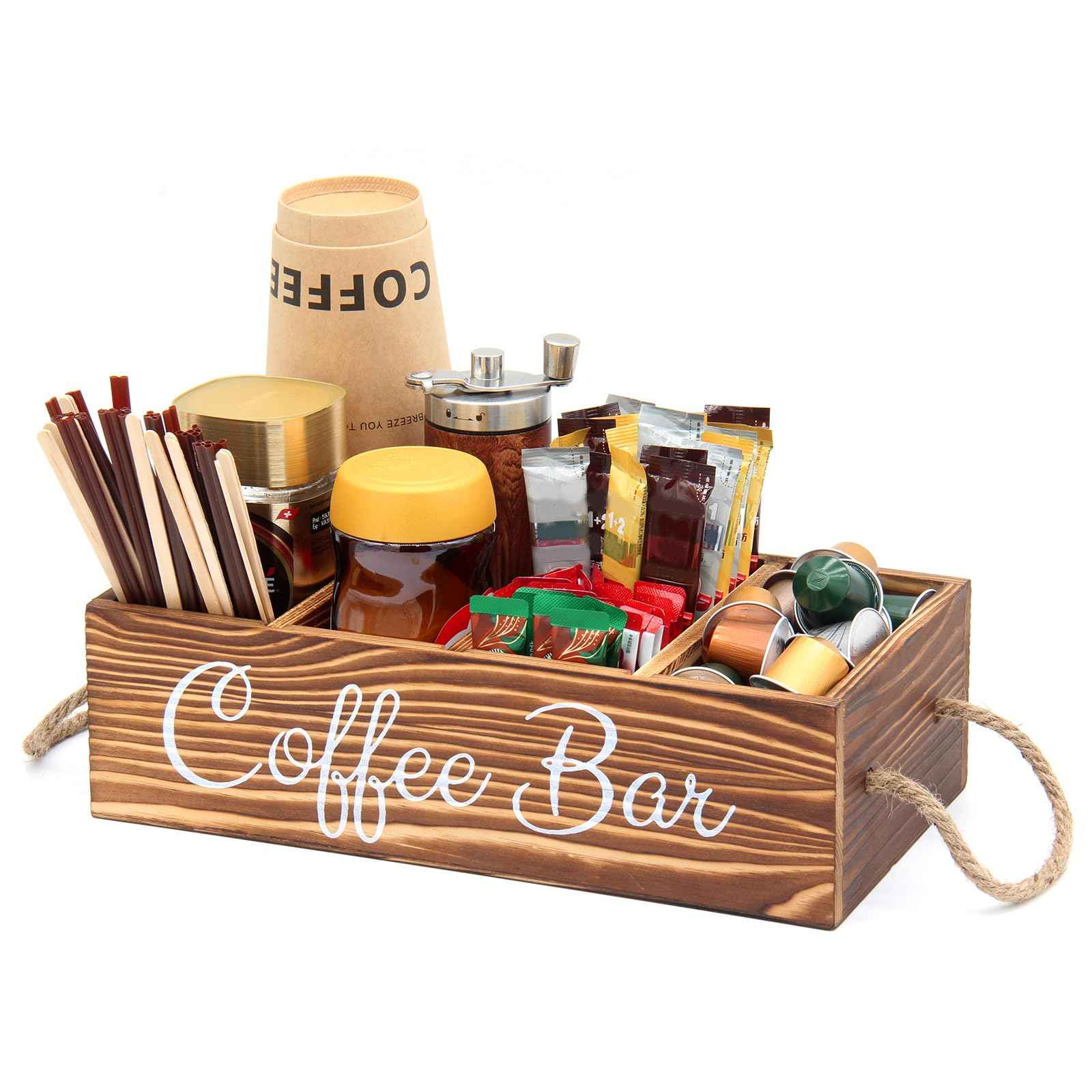 Wooden Coffee Pod Holder Coffee Station Organizer for Countertop Kcup Storage with Removable Dividers Bar Accessories Table Decor Tea Condiment Storage Box
