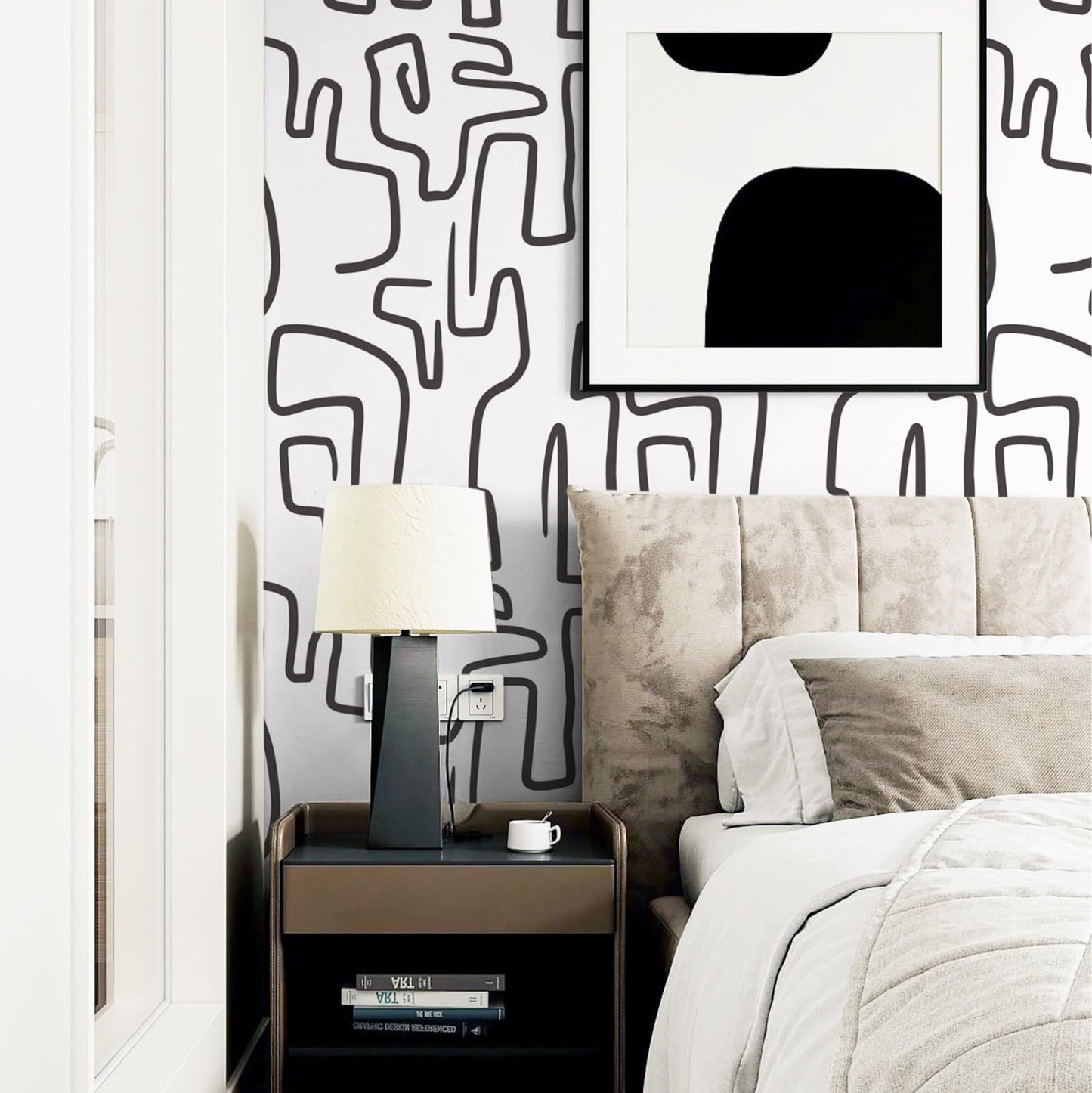 Ismoon 17.3"X118" Unique Black and White Peel and Stick Wallpaper Scribbles Wallpaper Modern Abstract Contact Paper Removable Self-Adhesive Wall Paper for Home Decoration Vinyl Film Roll