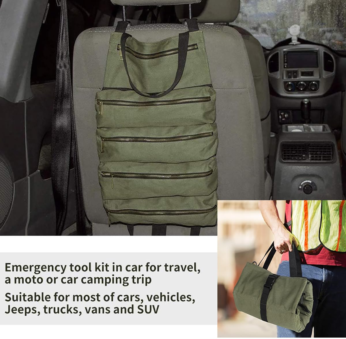 Tool Bag Roll Up, Rollable Carrying Toolbag, Heavt Duty Tool Organizer Portable Tool Storage Bags Waterproof Oxford Cloth-Zipper Pouch for Men Mechanic, Electricians, Repairman, Green