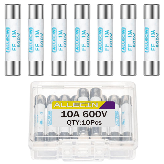 ALLECIN FF10A Multimeter Fuse 10A 600V 6.3x32MM Digital Multi Meter Fast Acting Fuses 10 Amp 600 Volt 0.25x1.26Inch Nickel-Plated Brass Ceramic Fast Blow Multimeters Fusibiles (Pack of 10Pcs)