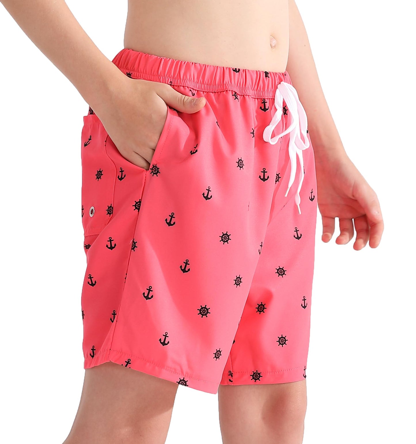 HOOGRIN Youth Boy Bathing Suit with Compression Liner Trunks Teen Boy Swim Trunks Swimming Shorts,Pink Anchor,8 Years