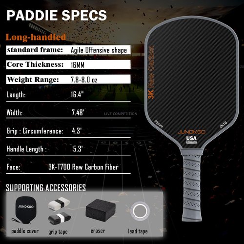 Professional Pickleball Paddles- T700 Carbon Fiber Pickle Racket- 3K Raw Carbon Frosted Surface for Enhanced Spin and Friction - USAPA Approved Offensive Long Paddle for Intermediate Advanced Players