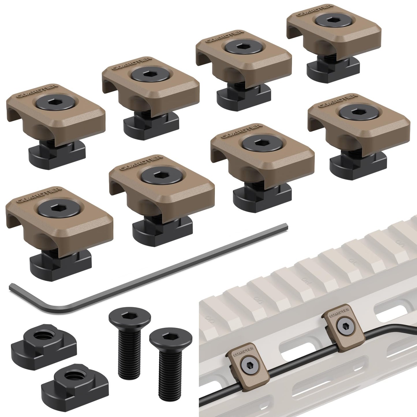 Guardtier CGM909 Pressure Switch Cable Guides Compatible with M-LOK System, Flashlight Laser Wire Management Clips 8 Pack - Black (Earth Tan)