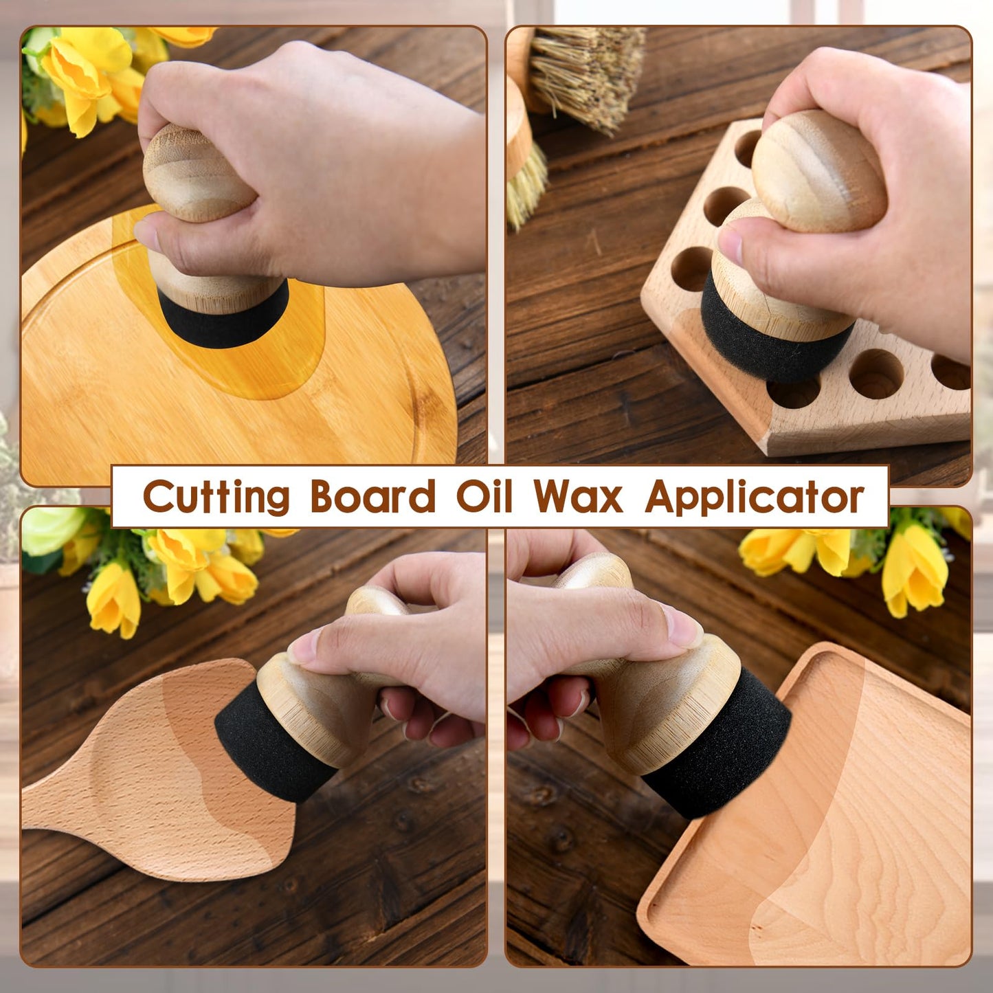 LEONTOOL 3 Pcs Cutting Board Oil Wax Applicator and Scrub Brush Set Natural Bamboo Wood Applicator for Mineral Oil Boards, Wooden Butcher Blocks, Spatulas, Spoons, Wooden Worktops, Utensil Care
