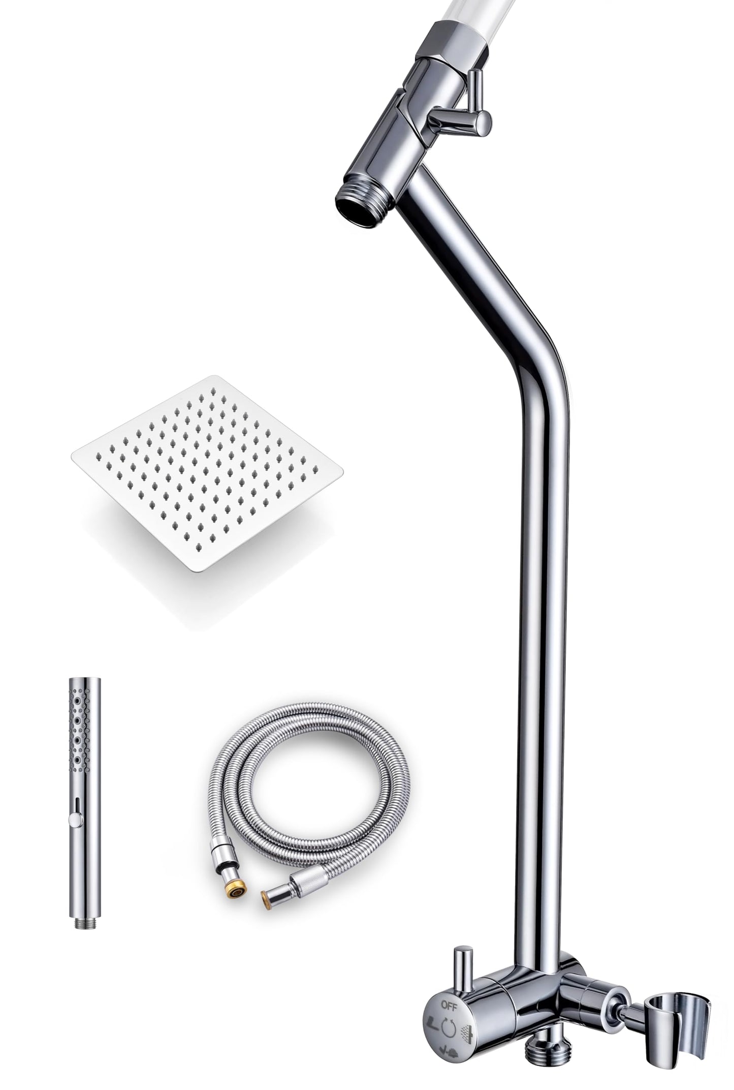 G-Promise All Metal Shower Diverter with Low Holder, Extended 13.5 Inch, Includes Rain Shower head, 3-Function Hand Shower with Massage Mode, Stainless Steel Long Hose (Chrome)