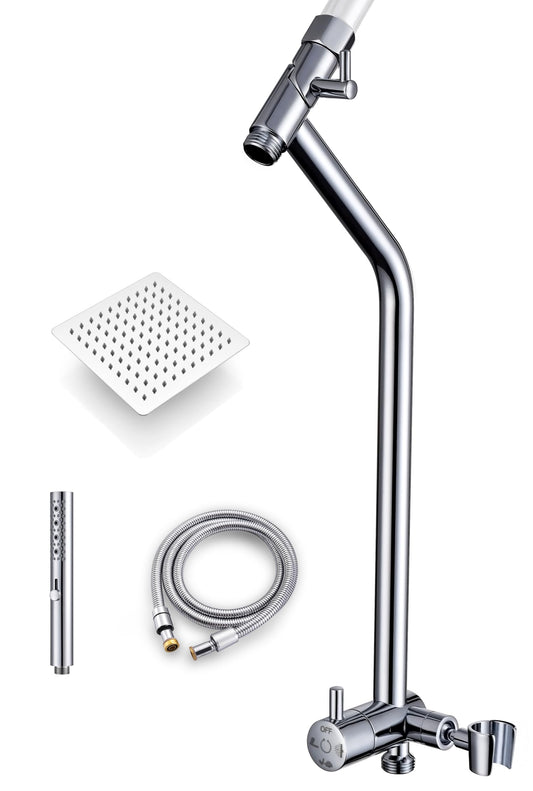 G-Promise All Metal Shower Diverter with Low Holder, Extended 13.5 Inch, Includes Rain Shower head, 3-Function Hand Shower with Massage Mode, Stainless Steel Long Hose (Chrome)