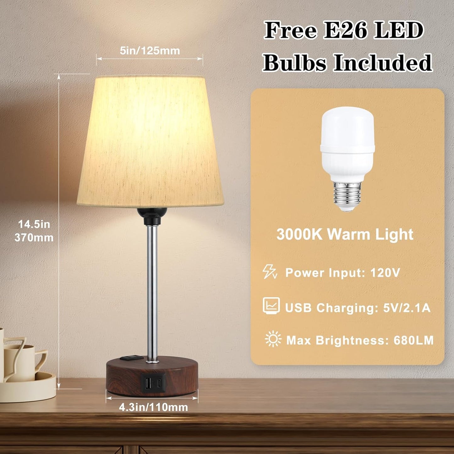 Set of 2 Mini Bedside Lamps with USB-C & AC Outlet - Dimmable Touch Nightstand Lights for Bedrooms