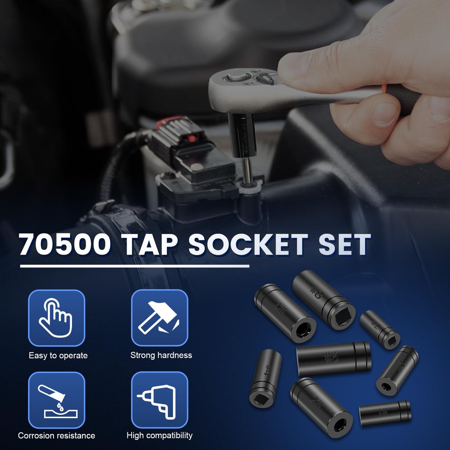 DikTalk 70500 Tap Socket Set, 8-Piece 1/4" & 3/8" Drive Taps Sockets Adapter for Socket Wrench Set Use, Fits All MCTI Taps Thru 1/2” & 1/8" NPT Taps