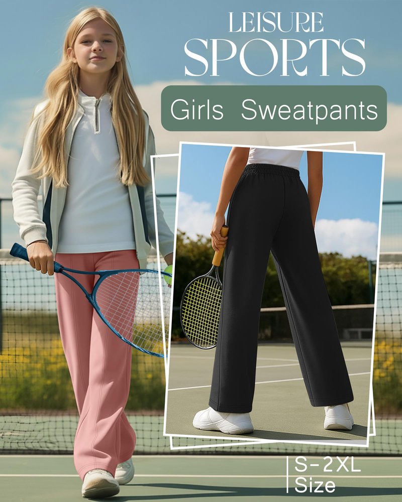 LessonZoo 3 Pack Girls Sweatpants Teen Front Seam Straight Leg Pants Kids Open Bottom Wide Leg Loose Joggers with Pockets(Black, Gray, Pink,11-12 Years)