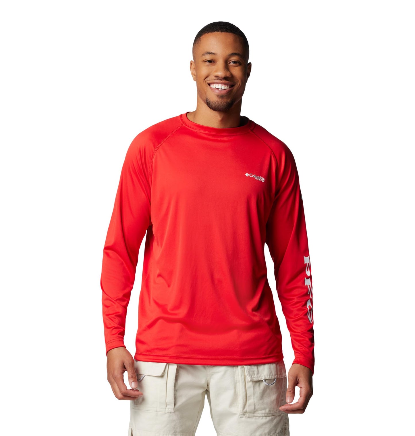 Columbia Men's PFG Terminal Tackle Long Sleeve Fishing Shirt, Red Spark/White Logo, Large Tall