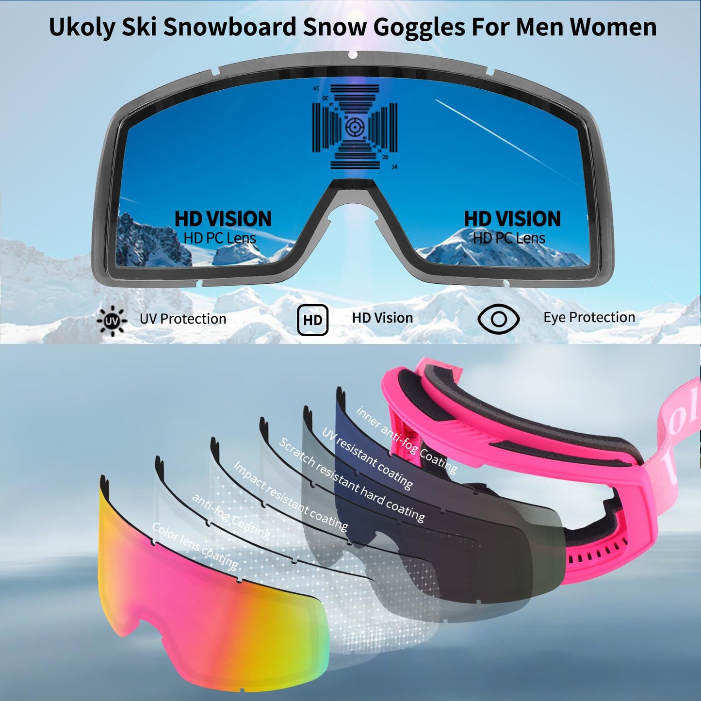 Ukoly Ski/Snowboard Goggles for Men Women, Snow Goggles HD Lens Anti-Fog Coating OTG Design UV400 Protection Windproof (Pink Frame Revo Pink HD Lens)