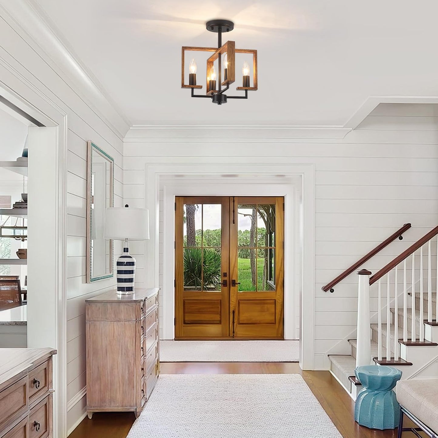 4-Light Semi Flush Ceiling Light, Farmhouse Ceiling Light Fixture Wood Hallway Light Fixture for Kitchen Island Dining Room Entryway Laundry Room Bedroom