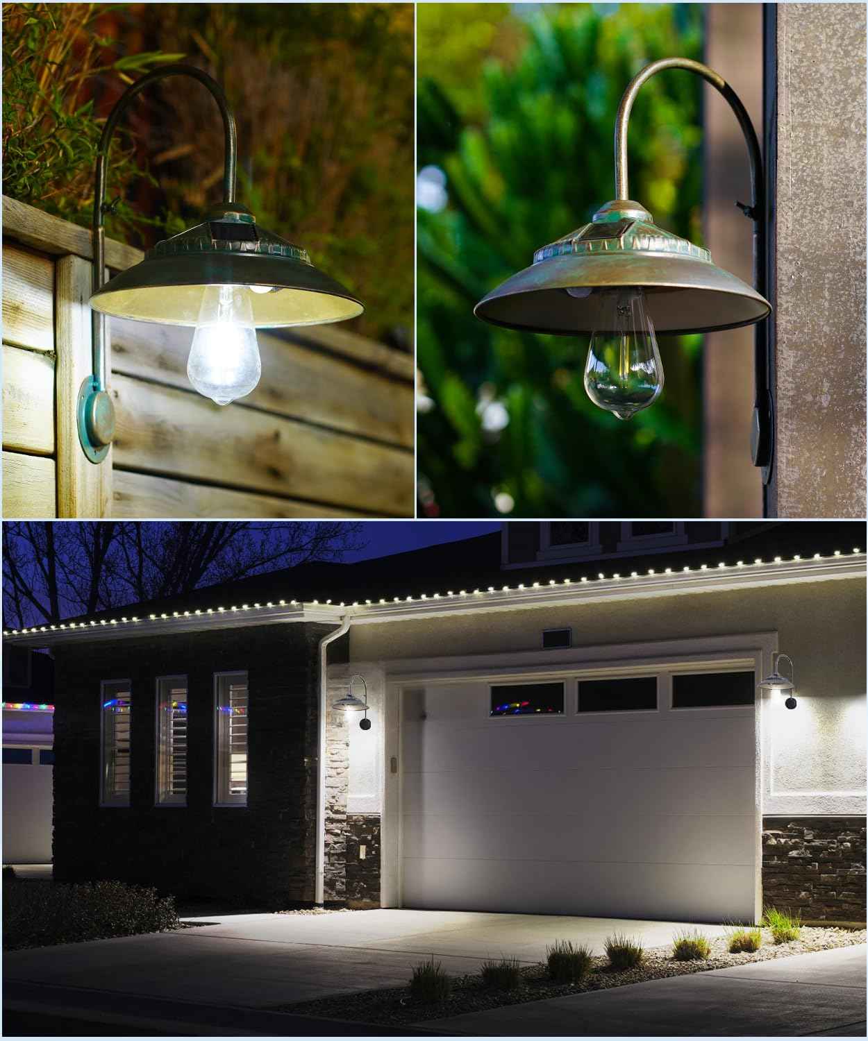 Goodeco Solar Barn Lights with Motion Sensor - Metal Design Outdoor Wall Lights - 4 High Efficiency Solar Panels with Clear Glass LED Edison Bulbs, Chicken Coop Lights & More (Bronze 2P)