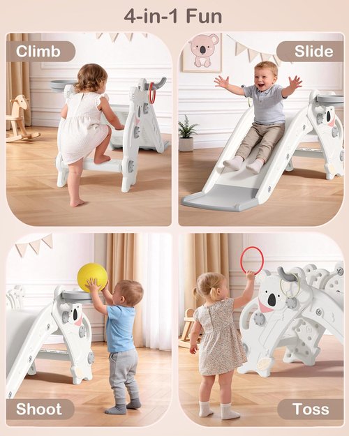 Babytronic Toddler Slide - 4-in-1 Indoor & Outdoor Playground with Climber, Basketball Hoop & Ring Toss - Cream & Gray