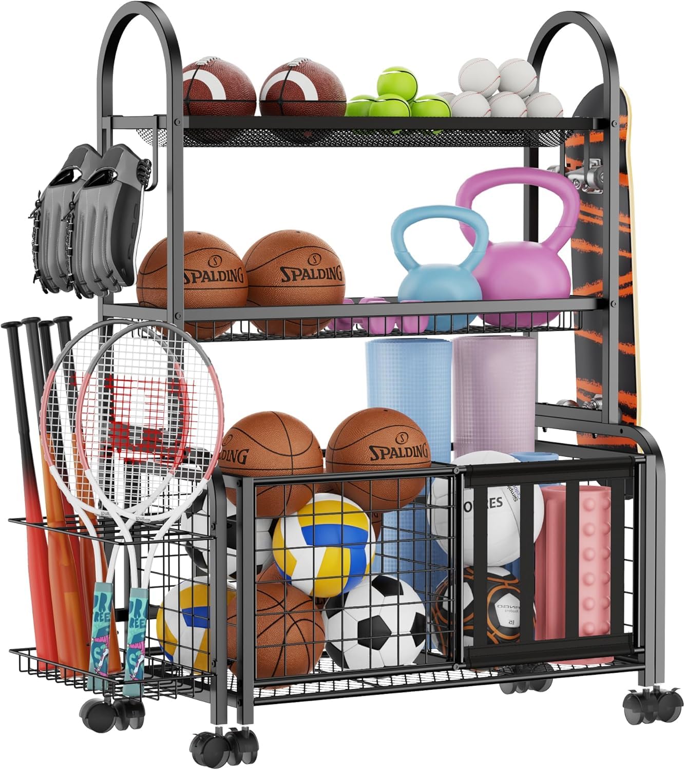 FULOOPHI Garage Ball Storage, 2 in 1 Sports Equipment Organizer, Garage Organizer with Basket and Hooks, Individually Movable Rolling Sports Ball Organizer Cart, Black