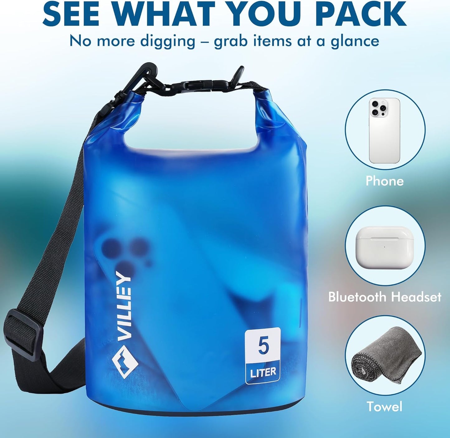 VILLEY Waterproof Dry Bag - 5L Roll Top Backpack for Kayaking, Camping & Beach - Blue Transparent