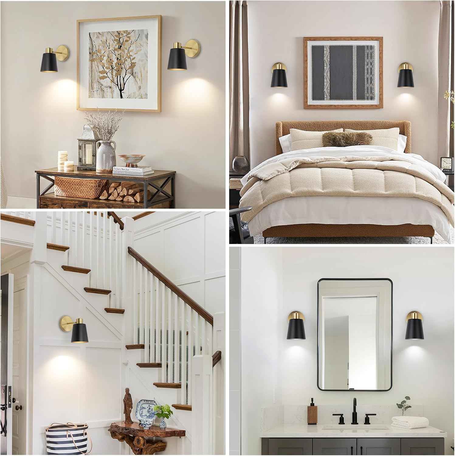 Battery Operated Wall Sconce Set of 2 - Modern Wireless Vintage Black & Gold Lamps with Remote Control for Living Room & Bathroom