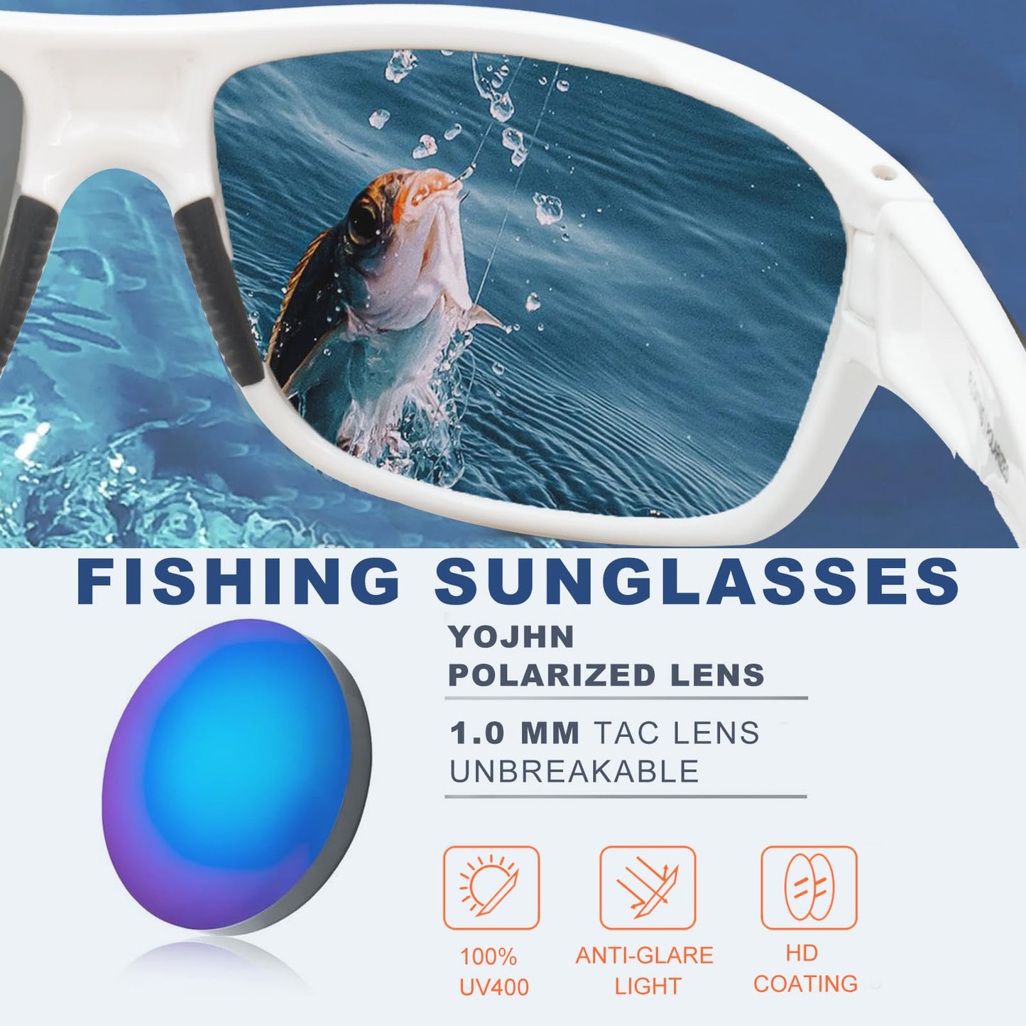 YOJHN Floating Polarized Sunglasses for Men Women UV400 Fishing Sunglasses See Fish in Water Kayaking Boating Sports Glasses (White Frame Smoke Base Blue Revo)