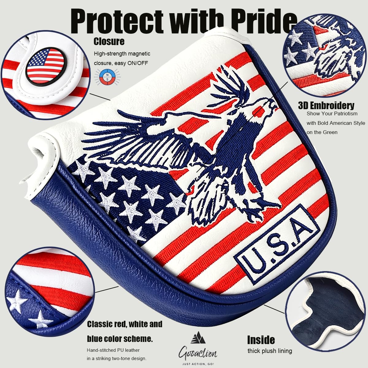 GOOACTION American Eagle Mallet Putter Head Cover – 3D Embroidered Stars & Stripes with Eagle, Magnetic Closure, Waterproof PU Leather, Patriotic Golf Cover