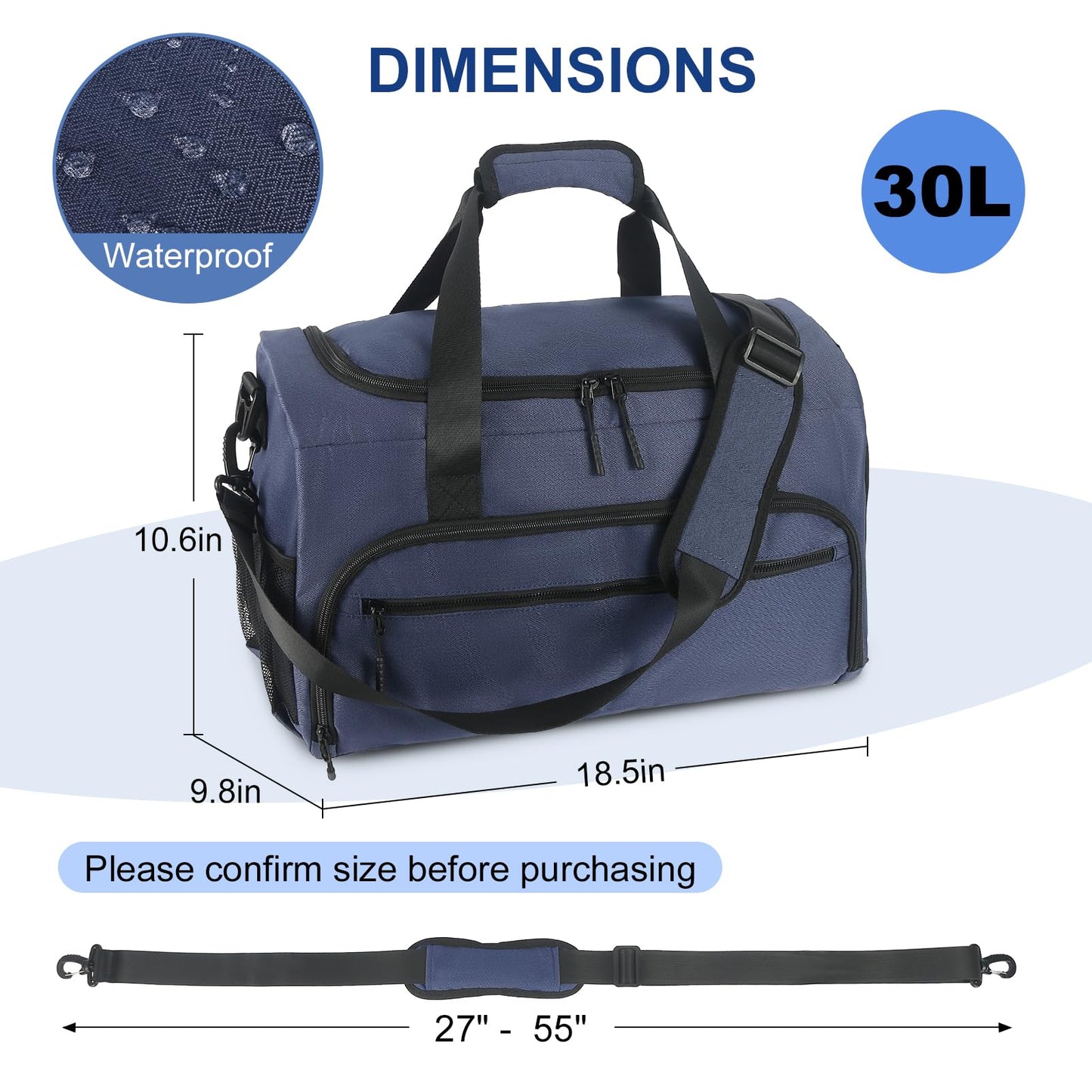 Gym Bag for Men Women, Sports Duffle Bag with Wet Pocket & Shoes Compartment, Water Resistant Overnight Weekender Bag Duffel Bag - Blue