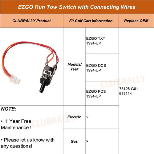 CLUBRALLY Golf Cart Run/Tow Switch with Connecting Wires, Fits EZGO Electric 1994-Up TXT, DCS and PDS, OEM#73125-G01/633114
