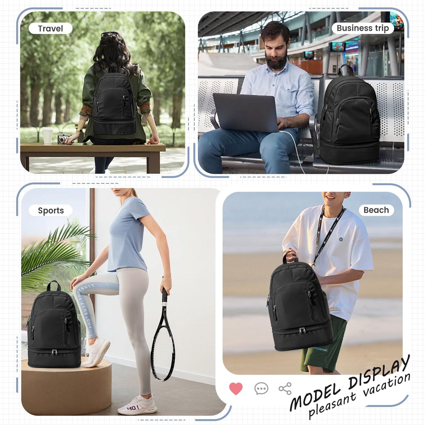 Lendolk Black Gym Backpack for Women Men, Dance Backpacks With Shoe Compartment, Sports Back pack For Yoga Fitness Beach Hiking Sports