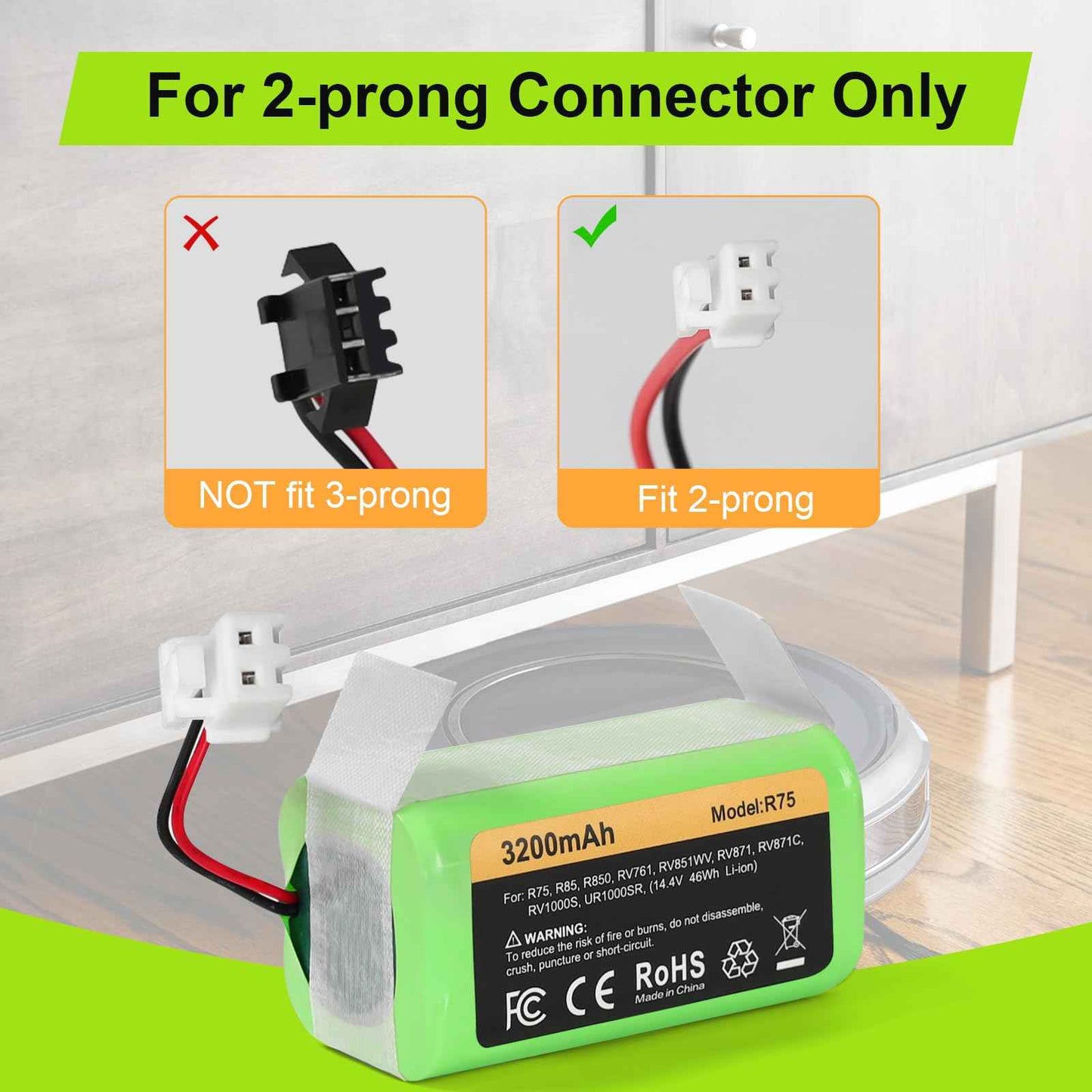 Topwowe Replacement RVBAT850 Battery (3200mAh, 2-Prong Connector) Compatible with Shark Ion R75, R85, RV761, RV850C, RV1000S, RV700_N, RV720_N, UR1000SR (1 Pack)