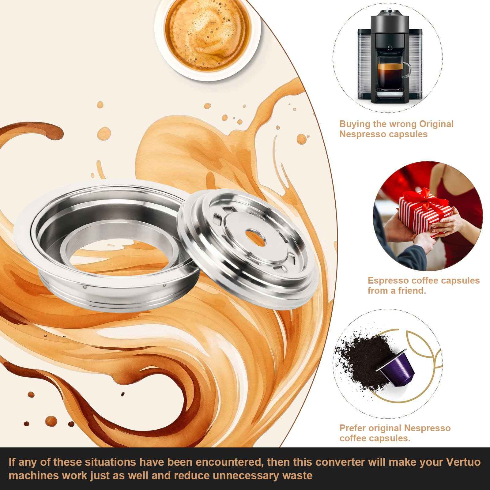 Reusable Coffee Capsule Adapter for Nespresso Vertuo Machines, Stainless Steel Coffee Pod Adapter with 4 Stickers, Compatiable with Vertuo POP/Vertuo Next/Delonghi ENV135/ Vertuolline GCA1 (150 ml)